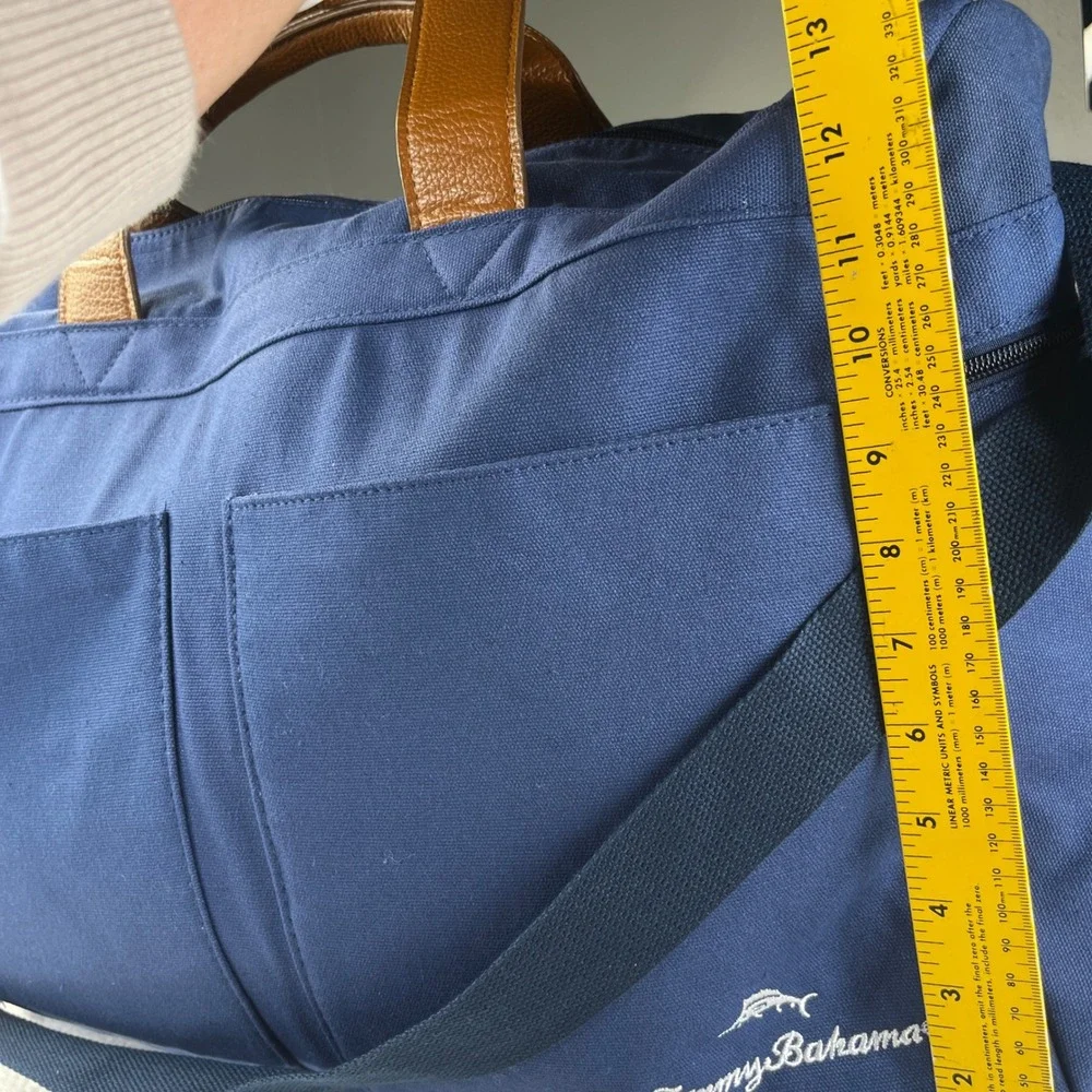 Tommy Bahama Mens Navy Blue Canvas Duffel Weekender Bag with Tan Accents